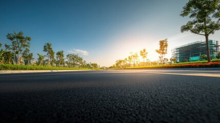 Scenic Urban Road with Bright Sunlight and Blue Sky: Infrastructure and Transportation Concept