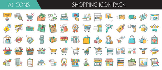 Colorful shopping icon pack with retail symbols - Set of 70 colorful vector icons themed around shopping, featuring carts, bags, stores, payments, discounts, delivery, and customer purchases.
