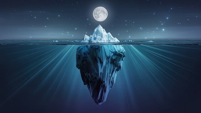 Mysterious iceberg under a full moon over deep ocean water conceptual art