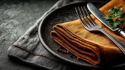 Minimalist table setting with fork and knife on empty plate, mustard yellow napkin on dark gray background, top down flat lay copy space.