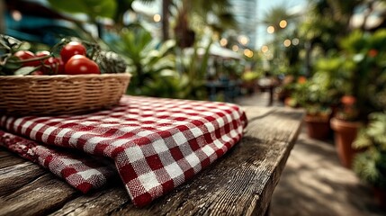 Red and white gingham checkered tablecloth on wood table with blurred green garden background, summer picnic flat lay copy space.