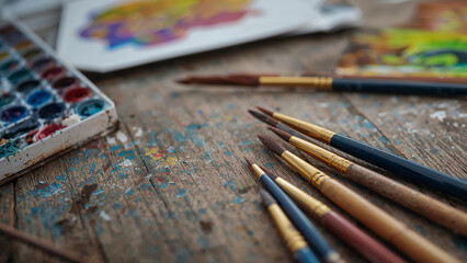 Fototapeta premium Essential brushes and watercolors on artist's workspace