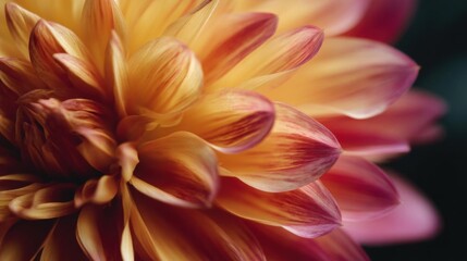 Close-up of a flower, specifically a dahlia. the petals of the flower are a mix of yellow and pink, with the yellow petals being slightly darker than the pink petals.