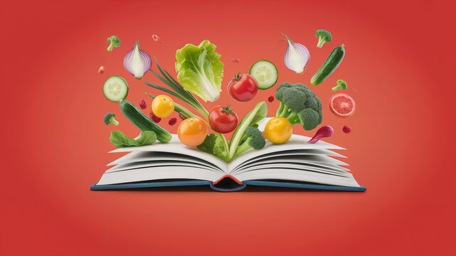 Cookbook with fresh vegetables and fruits bursting out of pages on red background