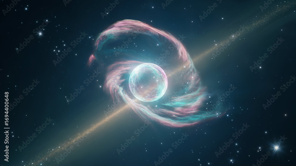 Wall mural cosmic sphere surrounded by nebula and stellar dust illuminated against a dark starry background