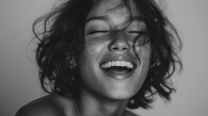 Expressive monochrome portrait of a young woman with joyful laughter