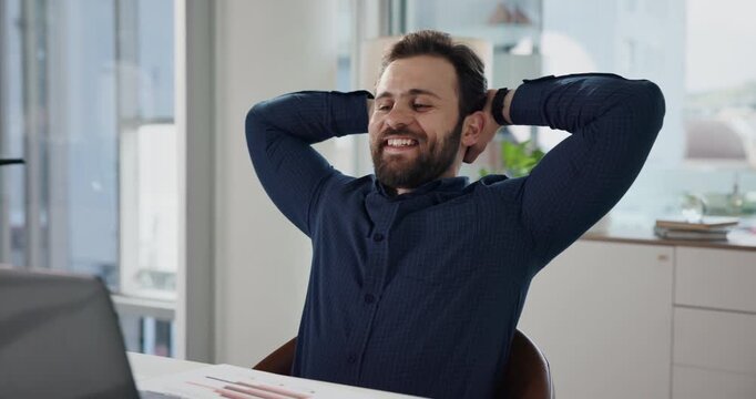 Business, relax and man with laptop, smile and done with happiness, completed task or investment profit. Person, employee or investor in office, pc or finished proposal with audit report or portfolio