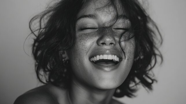 Expressive monochrome portrait of a young woman with joyful laughter