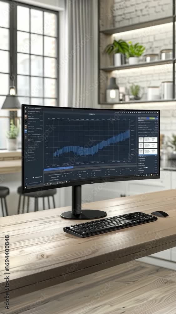 Aufkleber a stylish workspace showcases a curved monitor displaying vibrant data visualizations, emphasizing a
