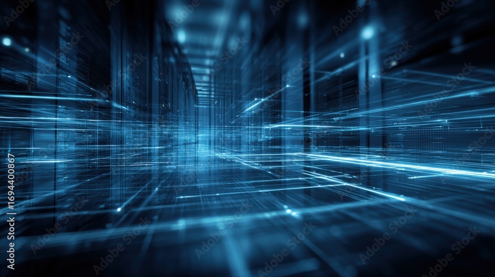 Poster futuristic data stream visualization with glowing blue lines, representing digital connectivity and 