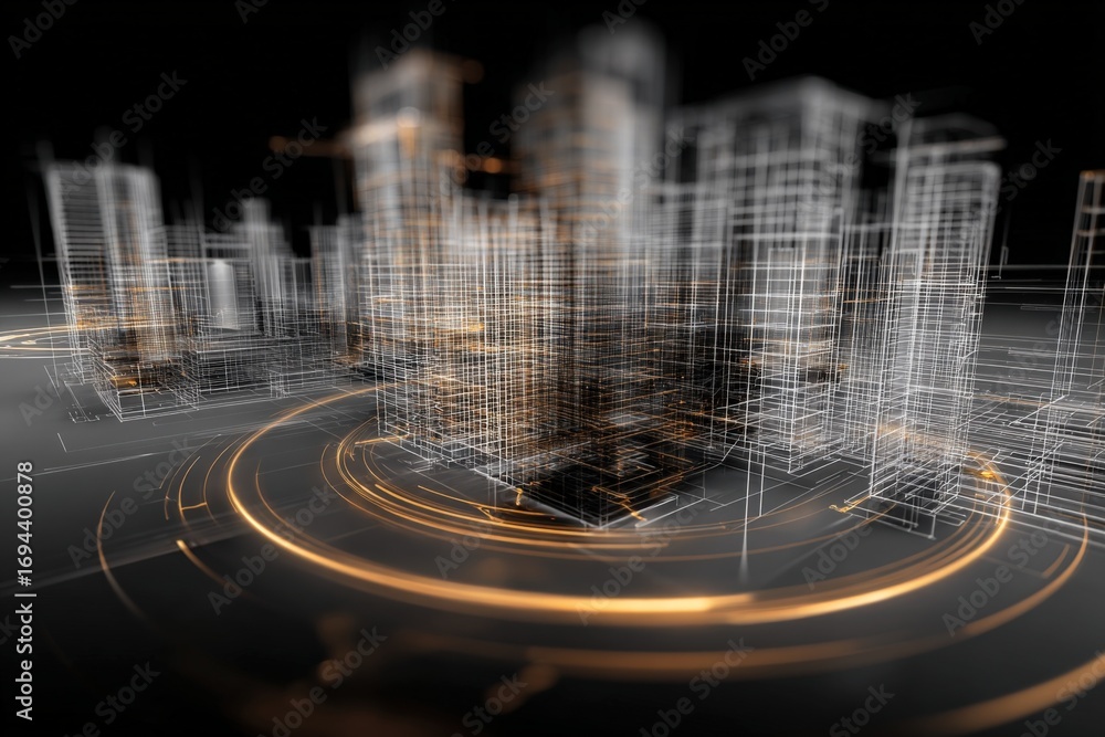 Poster abstract cityscape visualization with wireframe buildings and glowing elements depicting technologic