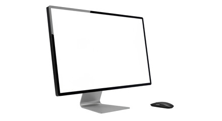 High-end 27-inch desktop monitor with ultra-slim black bezel, silver stand, and black wireless mouse, centered on transparent background, commercial product photography concept