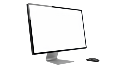 High-end 27-inch desktop monitor with ultra-slim black bezel, silver stand, and black wireless mouse, centered on transparent background, commercial product photography concept