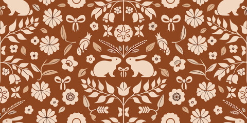 Charming folk art pattern with rabbits flowers and leaves in warm earthy tones