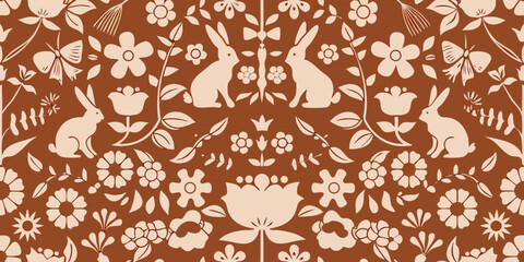 Charming folk art style seamless pattern with stylized rabbits and flowers in earthy tones