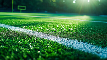 Close-up of green sports field with white corner lines