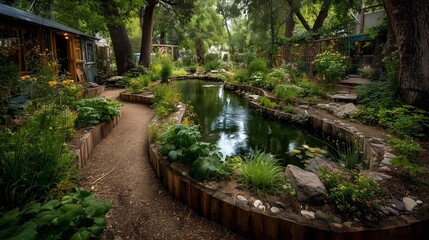 Naklejka premium A lush permaculture garden with raised beds and a pond, showcasing sustainable and harmonious landscaping.