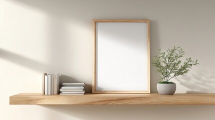 Fototapeta premium Clean and Sleek: Minimalist Shelf with Book Stack and Leaning White Frame.