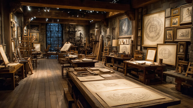 The chaotic and brilliant workshop of an inventor like Leonardo da Vinci during the Renaissance.