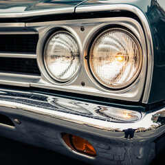 Classic Automobile Headlight Detail A Close-Up View of Vintage Car's Chrome and Lights
