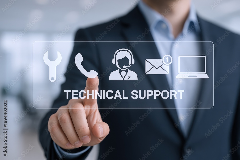 Poster technical support concept: businessman touching virtual screen with customer service icons for onlin