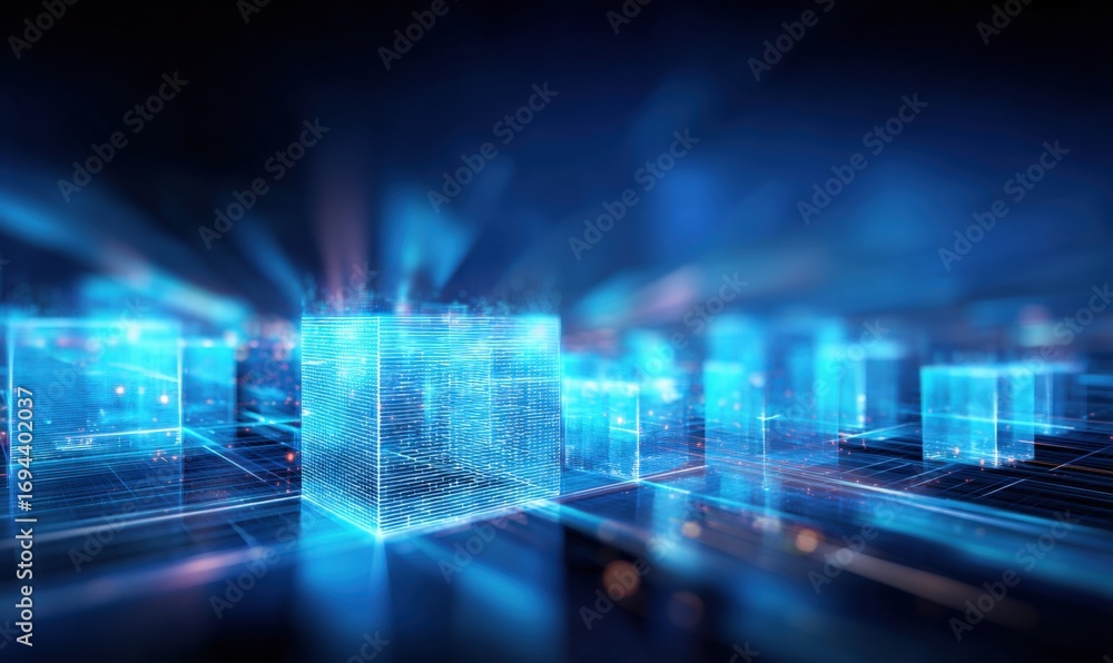 Poster abstract technology network: glowing cubes representing data, artificial intelligence, and advanced 