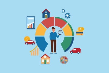 Man with magnifying glass analyzing pie chart with financial icons and assets