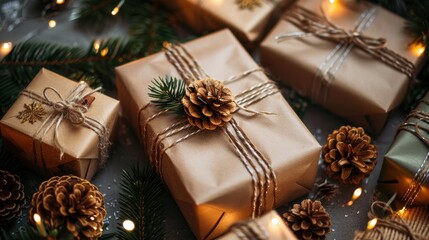 Festive Wrapped Gifts with Pine Cones and Christmas Lights