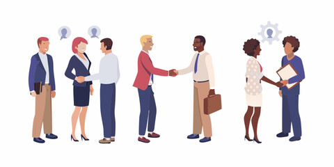 Fototapeta premium Diverse business professionals shaking hands in agreement and collaboration with speech bubbles and gear icons