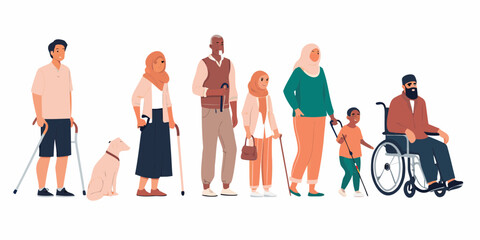 Diverse group of people with disabilities and a service dog standing together