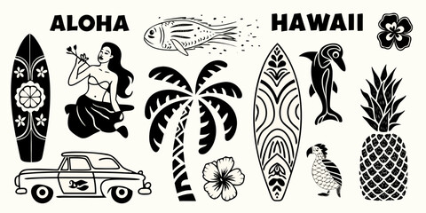 Collection of hawaiian icons including aloha and hawaii text surfboards hula dancer palm tree pineapple and tropical animals © Ripan