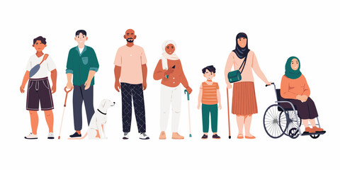 Diverse group of people with disabilities and a service dog standing together