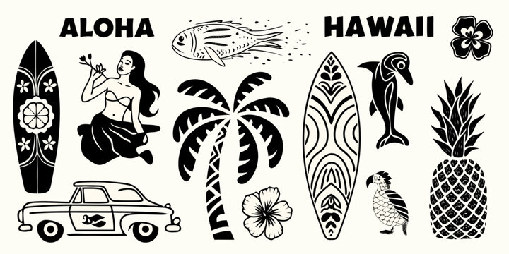 Collection of hawaiian icons including aloha and hawaii text surfboards hula dancer palm tree pineapple and tropical animals