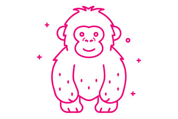Pink outlined cartoon ape stands smiling amid plus signs and one dot