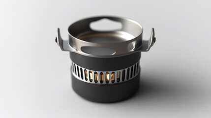 Small black and steel portable heater on a white surface