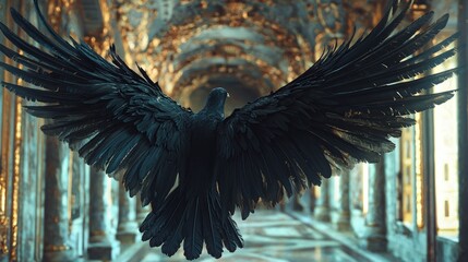 Majestic Raven Soaring Through Ornate Architectural Hallway.