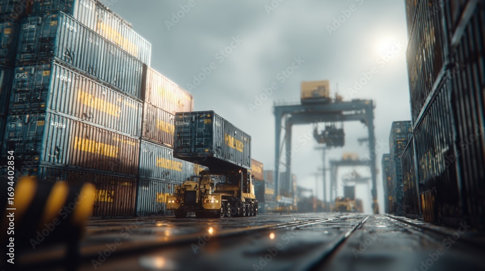 Poster container truck transporting cargo at port terminal with stacks of shipping containers against overc