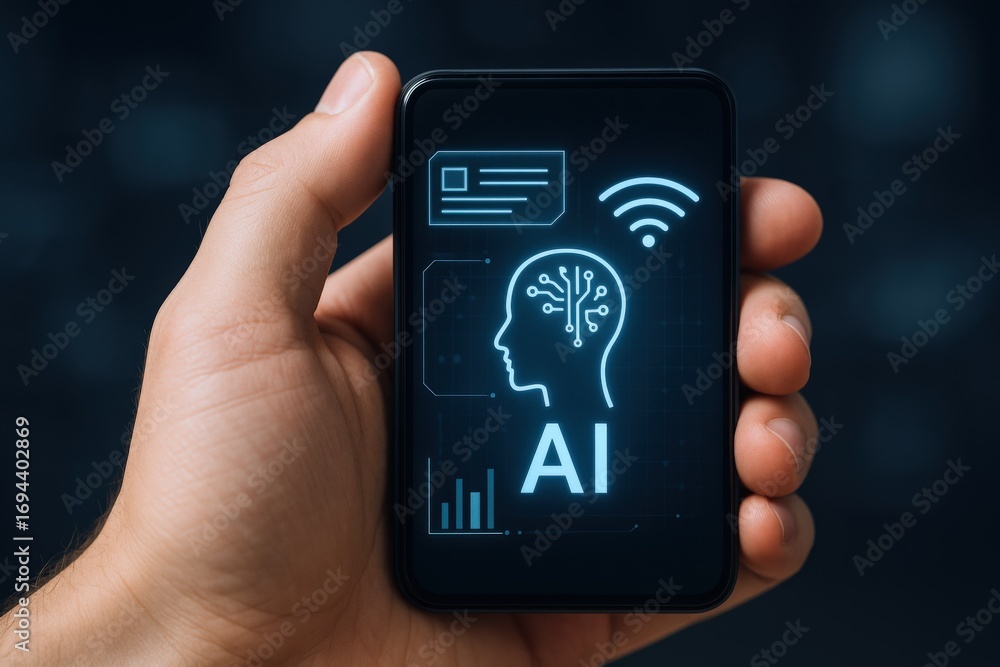 Poster artificial intelligence on mobile device display: hand holding smartphone with ai icon and modern te
