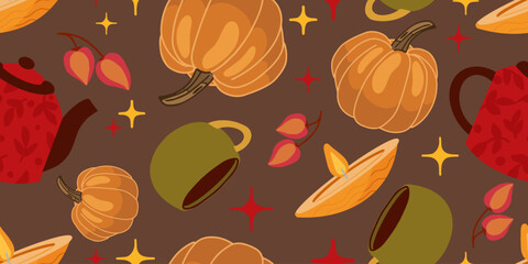Flat seamless vector featuring pumpkins, teapot, cup, candle and physalis branch on dark background. Perfect for textile, wrapping, seasonal banners and designs.