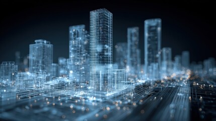 Obraz premium Abstract futuristic city model with glowing lights, representing innovation, technology, and modern urban planning