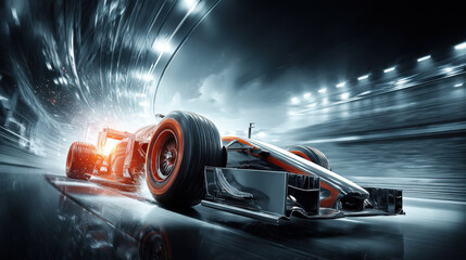 Formula 1 car speeds around a race track, representing speed and intense competition.