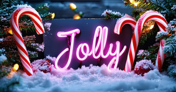 Bright neon sign spells Jolly amid snowy branches, candy canes. Festive winter scene evokes holiday spirit, warmth.