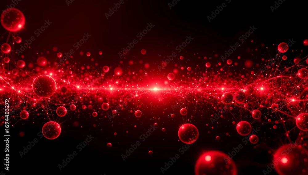 Poster abstract red particle wave with glowing central light on dark background