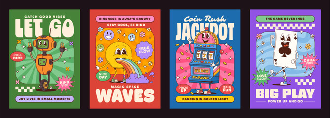 Obraz premium Game groovy hippie characters posters. Vector vibrant and whimsical set of retro prints with cheerful robot, card, slot machine and rainbow spewing emoji characters, promote positivity and kindness