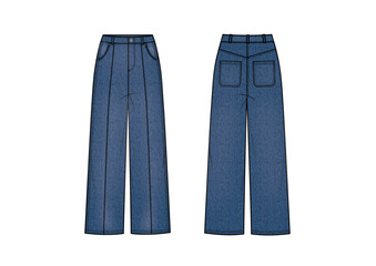 Women Fashion Denim Jeans With Seam Details & Wash Effect, Front & Back view, fashion flat sketch, Editable Flat Technical Drawings Illustration, Dress Mockup, dress CAD