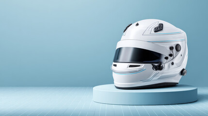 Fototapeta premium Racing Helmet on a Blue Pedestal