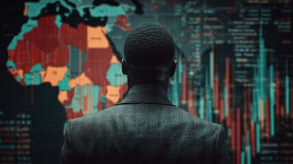 Investor analyzes economic trends through news screens in a modern setting