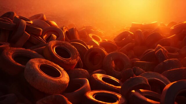 Tire graveyard under hazy orange sunset, waste management and environmental concern