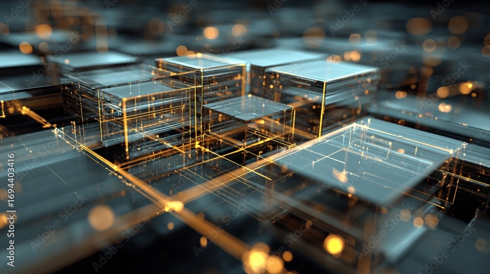Poster abstract digital network background with interconnected cubes and golden lines, representing technol