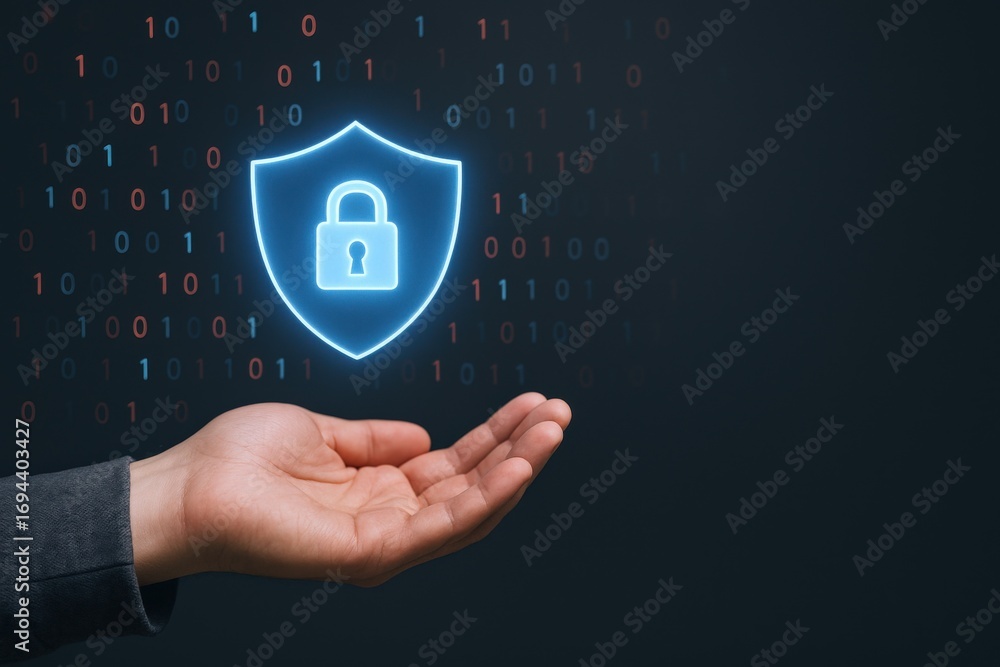 Poster cybersecurity shield over hand: digital protection concept with lock icon, data security and cyber t